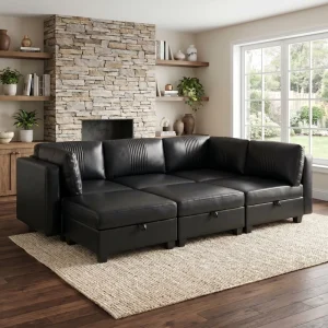 PU Modular Sofa Set Square Shape Reclining Storage Features Convertible Sleeper for Apartment Hotel Living Rooms 6 Seats