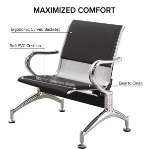 Padded Beam Chair Single Seat Black PVC Cushion Cold Rolled Steel Electroplated Chrome Leg Hospital Clinic Public Seating OEM