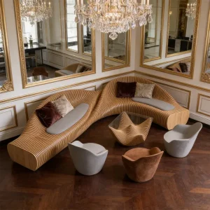 Parametric Wood Sofa Chair Indoor Outdoor Public Waiting Area Minimalist Luxury Design Reception Bench