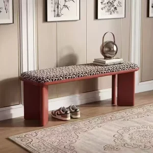 Paris Vintage Red Solid Wood Bench with Leopard Print Upholstery Entryway Shoe Changing Stool & Bedroom End Bed Seating