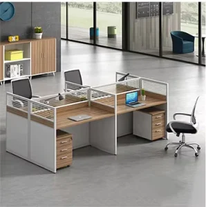 Partition Workstation Office Workstation Table Wooden 4 Way Workstation With Glass Partition