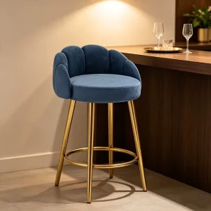 Petal Velvet Bar Stool with Golden Metal Leg, Modern Upholstered Counter Height Chair with Backrest