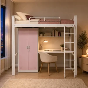 Pink Blue Kids Metal Loft Bed With Desk Cute Steel Bunk Bed With Wardrobe and Safety Rail for Children’s Bedroom