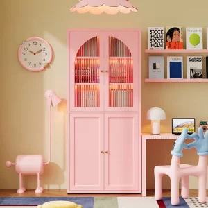 Pink Bookshelf with Cabinets for Children’s Bookcases Metal Units Suitable for Family Apartments and Living Rooms