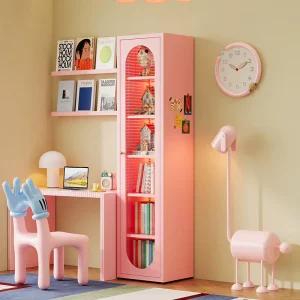 Pink Corner Bookcase with Door Metal Children’s Narrow Bookshelf Storage Cabinet for Family Study