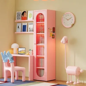 Pink Corner Steel Arched Bookcase Metal Children’s Narrow Bookshelf Storage Cabinet for Living Room Apartment