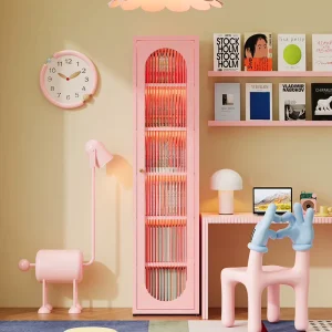 Pink Corner Steel Bookshelf Children’s Small Bookcase Metal Unit for Family Apartment Living Room