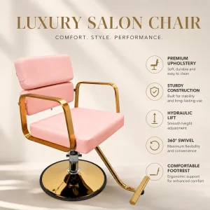 Pink Gold Salon Styling Chair Hydraulic Barber Chair with Gold Round Base Footrest and Double Backrest Design