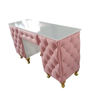 Pink Leather Tufted Nail Table for Nail Manicure Salon with Dust Collector and Drawers