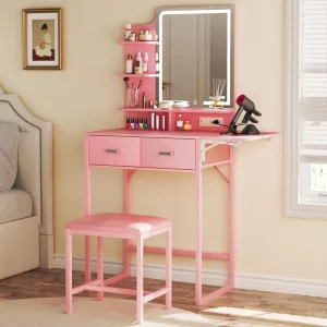 Pink Lighted Vanity Desk with Mirror Makeup Table with 2 Drawer Makeup Vanity with Fold up Panel and Power Outlet for Bedroom