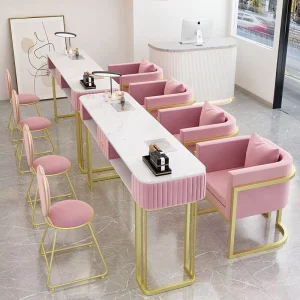 Pink Manicure Desk Client Table Nail Beauty Salon Furniture Double Table for Manicure