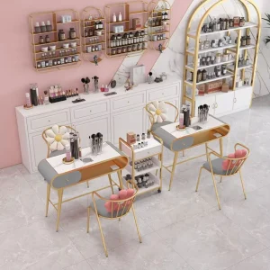 Pink Manicure Nails Bar Station Salon Furniture Wood Nail Tables Nail Desk Manicure Table With Chair Sets