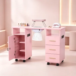 Pink Manicure Table Mobile Nail Salon Station with 3 Drawers Nail Dust Collector Mobile Nail Manicure Table