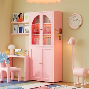 Pink Metal Modern Arched Bookshelf Steel Bookcase with Door Storage Rack for Books in the Study