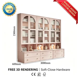 Pink Modern Bookcase With Glass Doors & Seating Bench Custom MDF Wall Unit Arched Design Gold Hardware Living Room Furniture