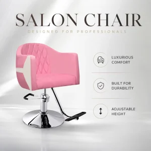Pink White Salon Styling Chair Hydraulic Barber Chair with Round Base Footrest Color Block Upholstery Design