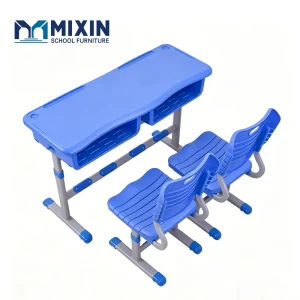 Plastic Double Student School Desk and Chair Set Two Seater Height Adjustable Study Table with 2 Independent Ergonomic Chairs