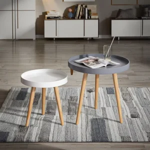 Plastic Round Mini Coffee Table With Wooden Legs Stylish for Home or Modern Living Spaces