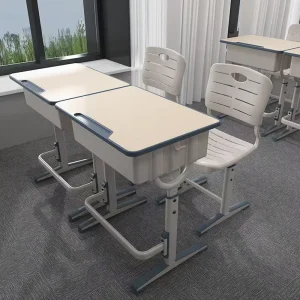 Plastic School Student Desk and Chair Set with Adjustable Height and Front Panel for Classroom Use