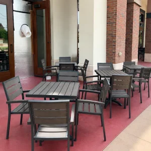 Plastic Wood Restaurant Set Outdoor Bistro Cafe Weatherproof Poly Lumber Outside Aluminum Dining Set Tables and Chairs