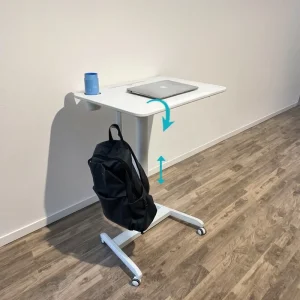 Pneumatic Rolling Laptop Desk 0 to 90 Tilt Tabletop Space Saving Overlap Base With Cup Holder Bag Hook Lockable Wheels