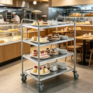 Polished Finish Food Grade SS304 SS201 Canteen Food Service Cart 4 Layer Rotating Kitchen Trolley