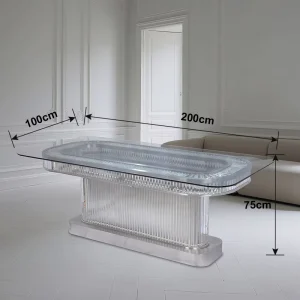 Polished Metal Rectangular Base Fluted Glass LED Center Table Clear Glass Surface Light Up Sofa Center Table
