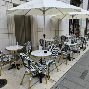 Popular Bistro Modern Aluminium Alloy Coffee Shop Restaurant Furniture Outdoor and Indoor Rattan Bistro Chair and Marble Table