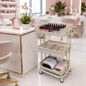 Portable 3 Layer Salon Equipment Trolley Cart Professional Beauty Supply Organizer with Gold Accent Drawer