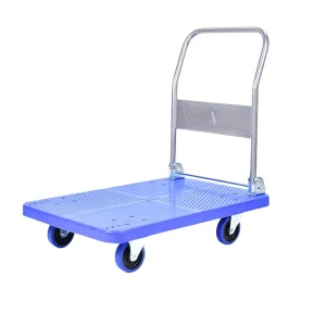 Portable Foldable Heavy Duty Enclosed Four Wheel Blue Plastic Hand Cart Trolley Flat Bed 400kg Load Capacity Warehouse Loading
