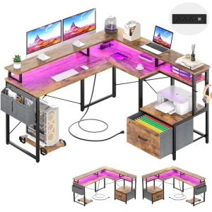 Portable L Shaped Office Desk with File Drawer Cabinet and Full Monitor Stand Gaming Computer Space Saving Design Living Room
