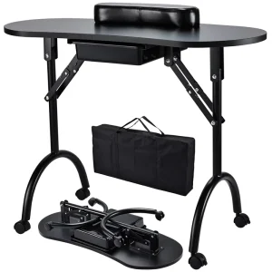 Portable Metal Rolling Manicure Desk Large Capacity Foldable Nail Table Station Beauty Salon Carrying Bag with Open Closure