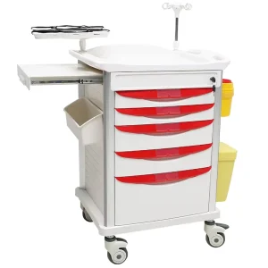 Portable Multi function Hospital Emergency Medical Trolley MN EC012 With 5 Layer Drawers Infusion Stand and Waste Bucket