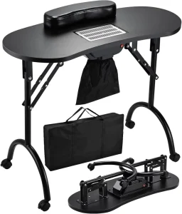 Portable Nail Desk with Nail Dust Collector Rolling Manicure Table Foldable with Manicure Hand Rests Organizer Carry Bag