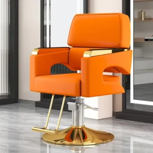 Portable Orange Barber Chair with Reclining Feature Durable Synthetic Leather for Barbershops and Salons