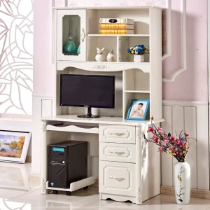 Portable Shabby Chic European White Desk with Attached Bookshelf Drawers Home Office Computer Desk for Bedroom Study