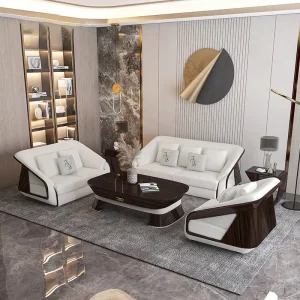 Postmodern Light Luxury Genuine Leather L shaped Sofa Set Burl Wood Italian Style Villa Living Room Furniture Mall High Density
