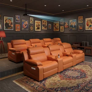 Power Recliner Home Theater Set Orange Leather Reclining Wall Hugger Massage Couch 2 Cup Modern Living Room Furniture