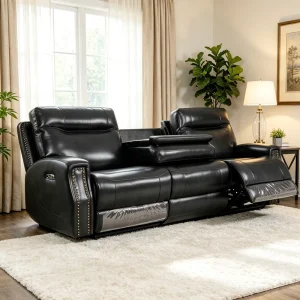 Power Recliner Sofa Set Genuine Leather Living Room Furniture with Drop-down Table Bluetooth Speaker Home Seating
