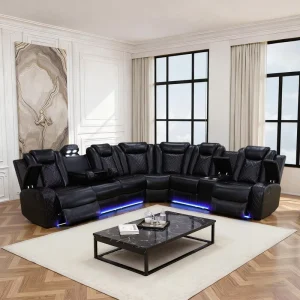 Power Recliner Sofa Set with LED Light Air Leather Sectional Sofa Set with Wireless Power for Home Theater Living Room