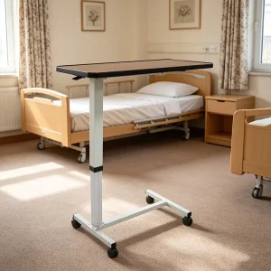 Practical Mobile Overbed Table with Casters Adjustable Height Wood Grain Top Bedside Tray Laptop Desk for Elderly