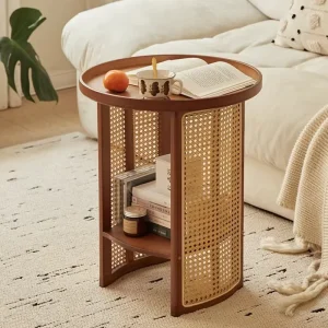 Practical Versatile Modern Durable Home Furniture 2 Layer Living Room Coffee Table with Rattan and Bamboo Weaving
