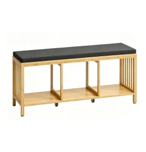 Premium Bamboo Storage Bench with Padded Seat 3 Compartment Shoe Rack Bench with Wheel Modern Entryway Organizer for Home&Office