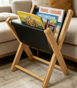 Premium Bamboo and Leather Magazine Holder Wooden Magazine Rack Floor Standing