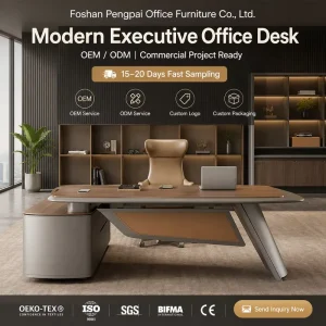 Premium CEO Office Workstation with Side Return Cabinet Slanted Metal Legs Executive Table Custom Manufacturer
