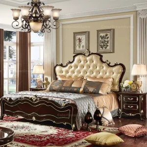 Premium Classic European Hand Carved Solid Wood Top Grain Leather Bedroom Set for 5 Star Hotel Suite