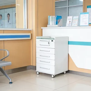 Premium Dental Mobile Storage Cabinet Self Closing 5 Drawers 150KG Bearing Lockable Wheels Free Classification Tray Included