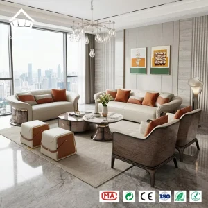 Premium Designer Genuine Leather Sofa Set Minimalist Luxury Couch Bespoke Furniture for High end Residential and Modern Villa