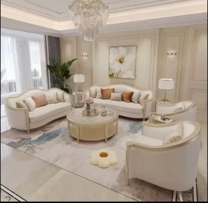 Premium European Classical Living Room Couch with Leather Upholstery and Curved Legs