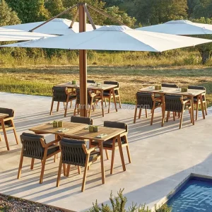 Premium Garden Furniture Set Modern Sleek Teak Wood Design Durable Outdoor Dining Set for Luxury Hotel Rooftop Bar Projects